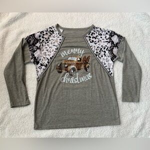 Women’s Merry Christmas Tree Truck Gray Long Sleeve Tee